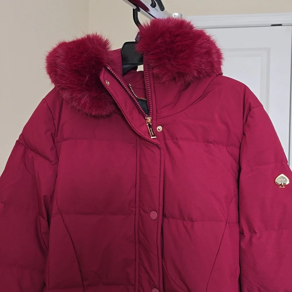 Kate Spade Long Parka With Faux Fur Trim Coat, Blackberry Preserves